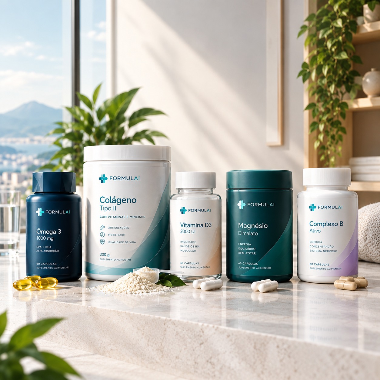 Linha de suplementos FormulAi: ômega 3, colágeno, vitamina D3, magnésio e complexo B
